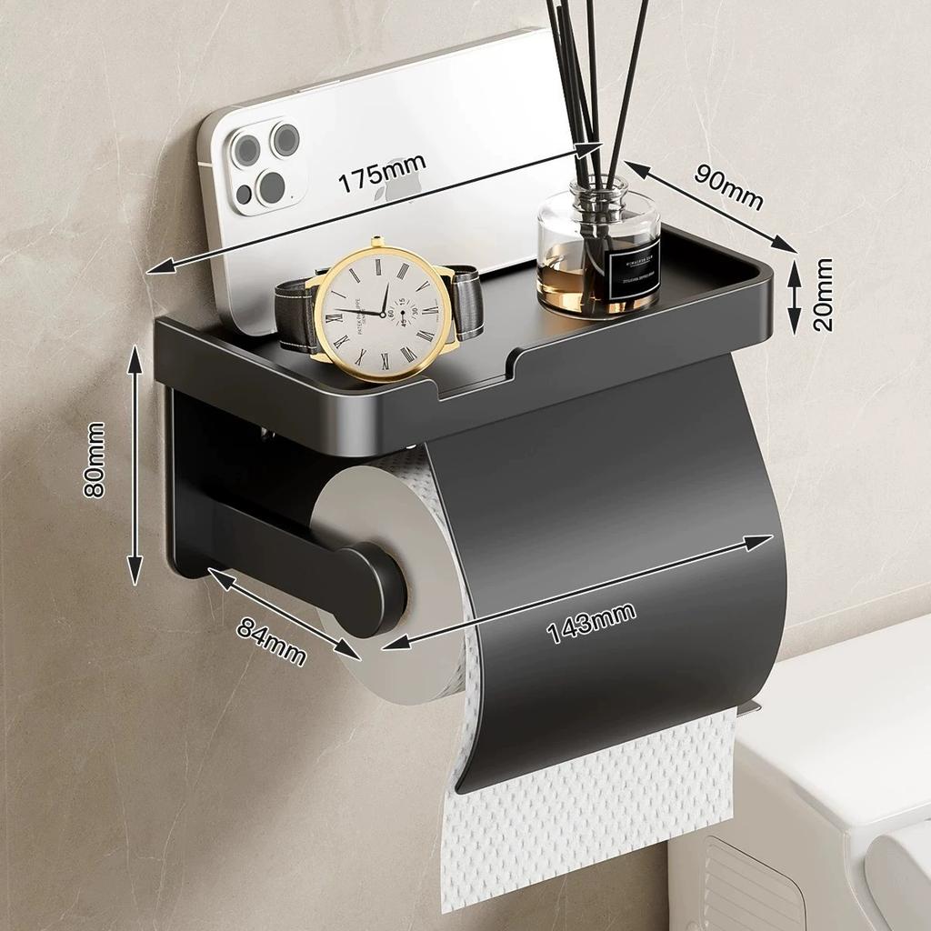 Gray Toilet Paper Holder with shelf Aluminum Black Tissue Paper Holder Milk Cream Paper Roll Holder With Phone Storage Shelf
