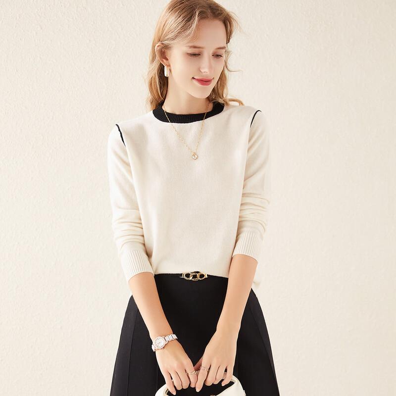 TUHUANG Women's Pure Wool Color Block Crew Neck Pullover Sweater