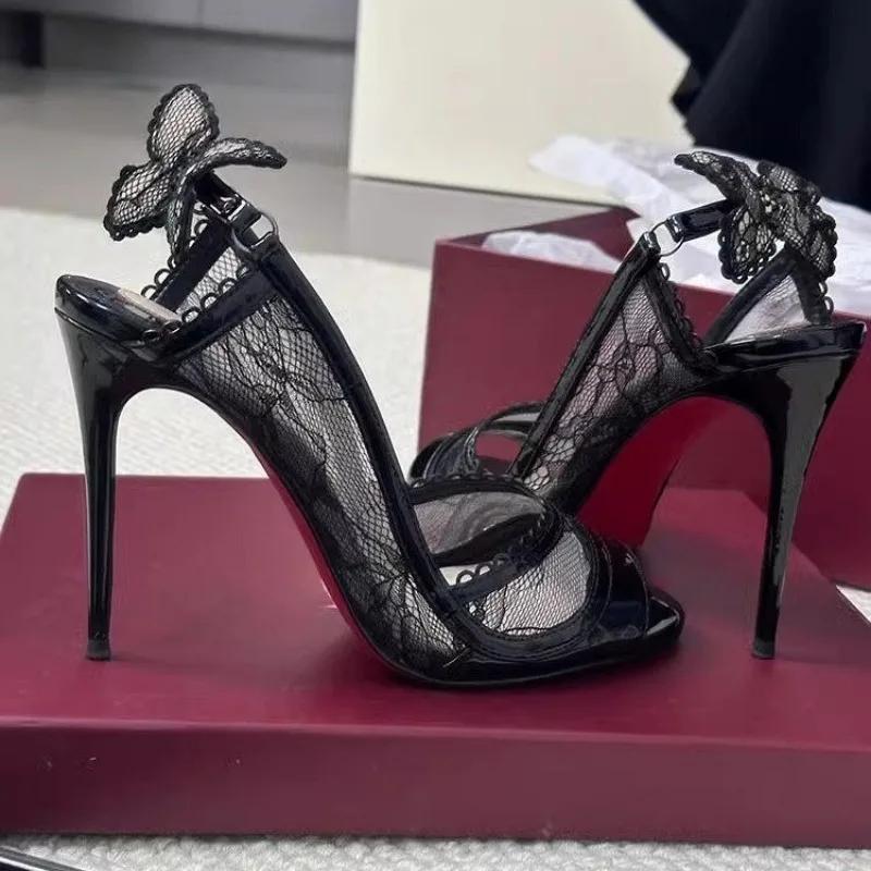 2025 Hot Sale Women's Shoes Peep Toe Women's Sandals Fashion Butterfly-knot Party Sandals Women New  Lace Solid Heeled Sandals