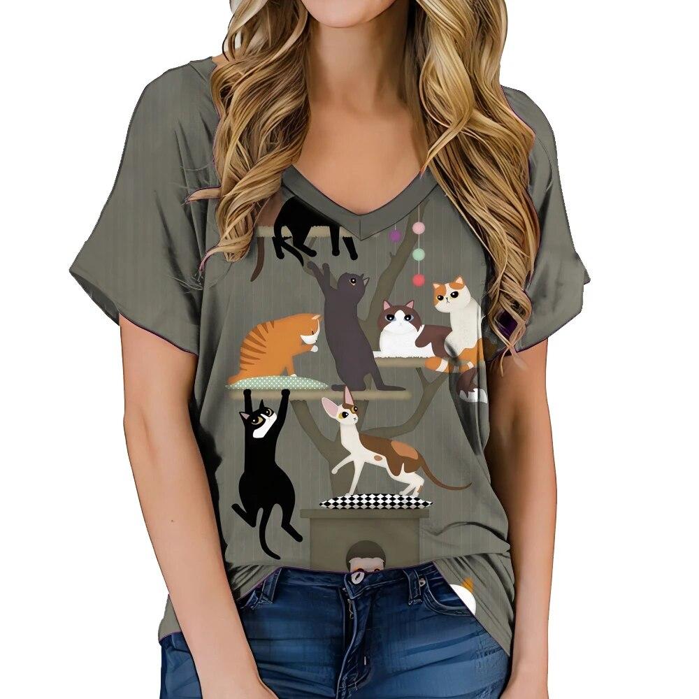 Fashionable Women's Clothing V-neck Kitten Print T-shirt Street Hot Selling Homestay Casual Top Summer Personalized Women Shirt