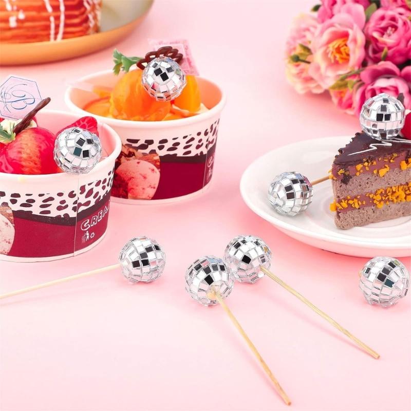 24 Pieces Reflective Sphere Cake Toppers for Party Decoration Decorative Cupcake Inserts Accessories Cake Ornament