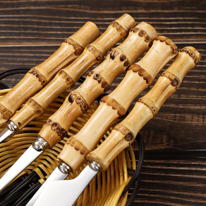 Long Handle Serving Spoon Fork Stainless Steel Gold Silver Bamboo Wooden Salad Spork Dessert Salad Spoon Tableware Set Kitchen