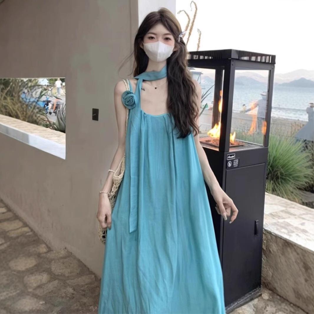 

Women s Summer Blue Tie-Up Slip Dress - Loose A-line Midi Skirt Extra Large озеро синього кольору