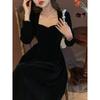 French Hepburn Small Black Dress Golden Velvet Dress Women's Autumn and Winter New Temperament Waist Celebrity Style Dress