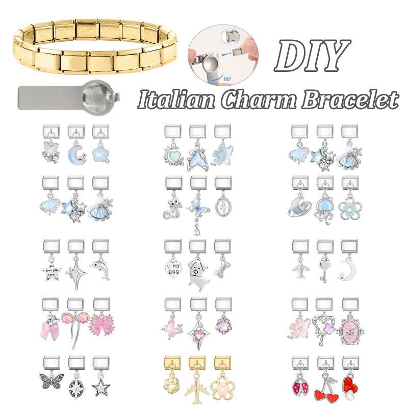 3Pcs/Set Brilliant Butterfly Moon Cherry Flowers Pendant Italian Charm Links Fit 9mm Stainless Steel Bracelet DIY Making Gift