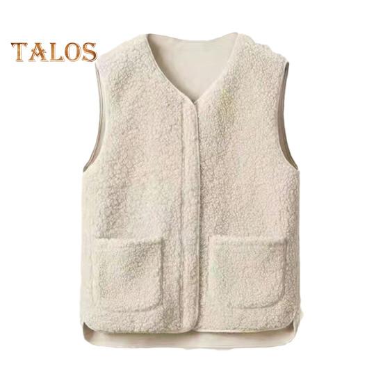 Women Fall Spring Vest Round Neck Thick Fleece Pockets Solid Color Sleeveless Zipper Closure Retro Warm Office Street Home Vacation Layering