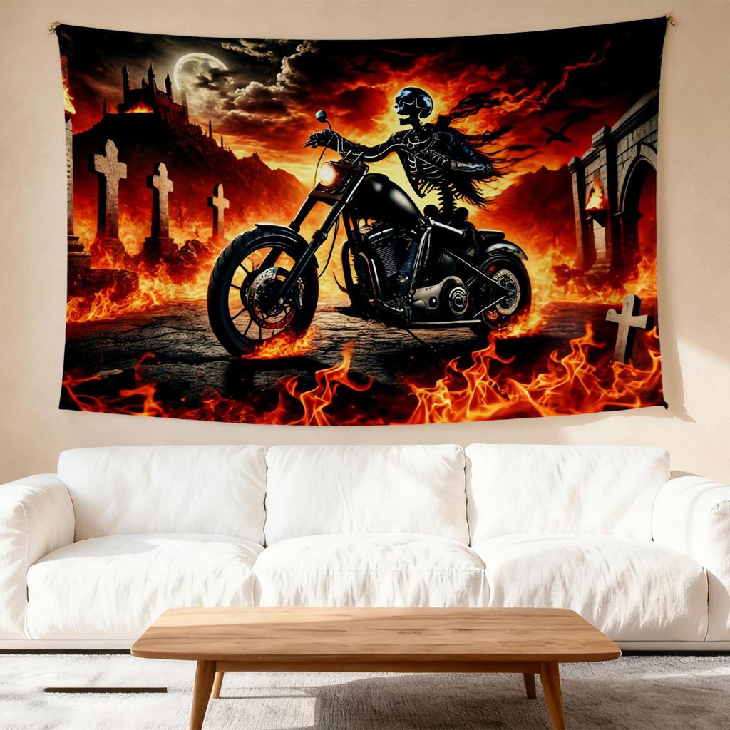 1PC Gothic Motorcycle Rider Tapestry Flame Background Wall Hanging Dark Gothic Decor for Living Room Bedroom Bar
