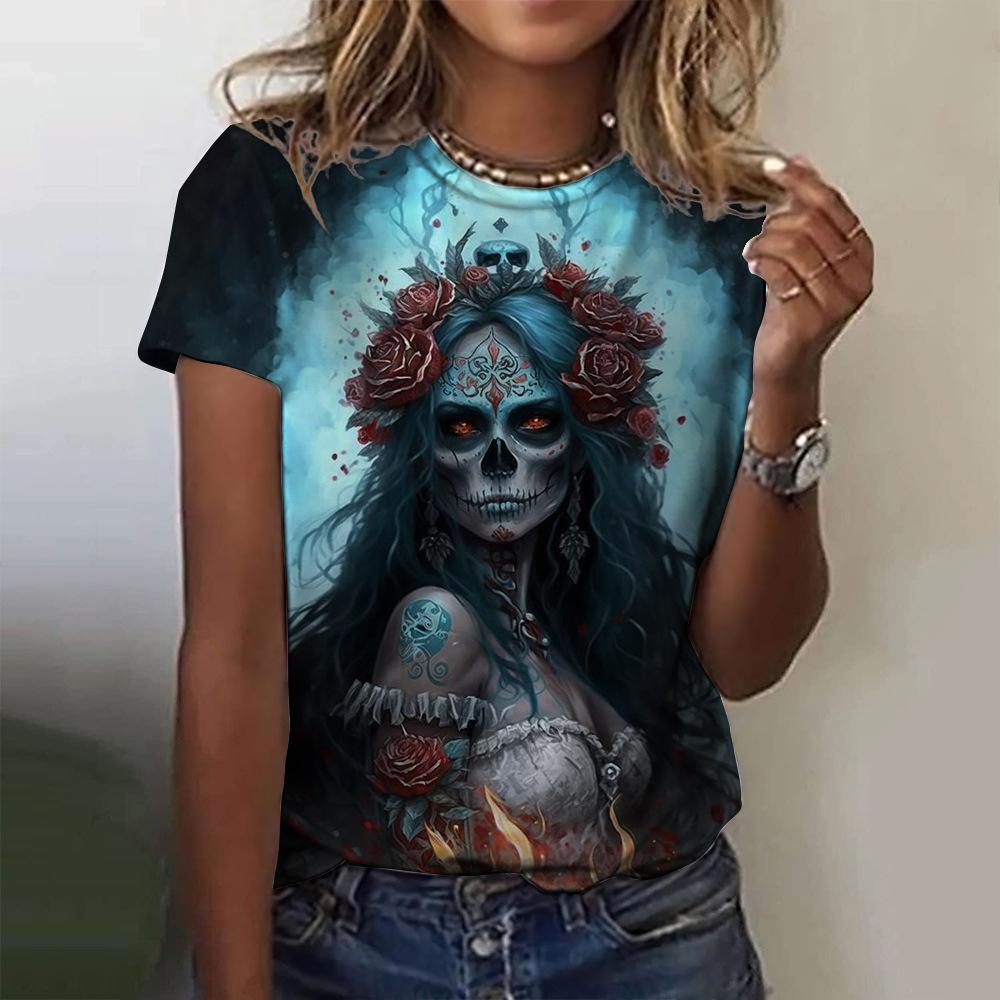 Summer Round Neck 3D Skull Print Top Fashionable Casual Short Sleeved Women's T-shirts