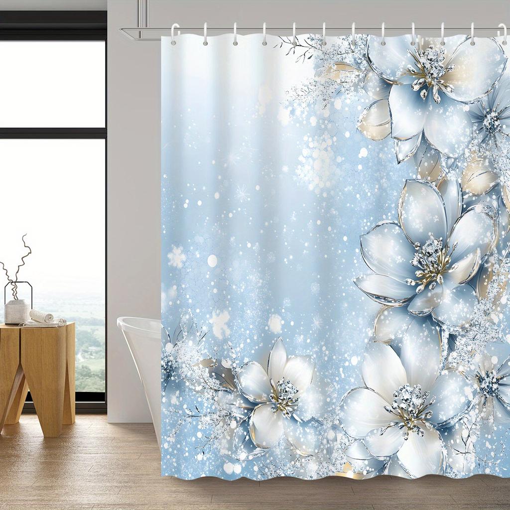 Open 1pc Fashionable Blue Floral Shower Curtain, Includes 12 Hooks Bathroom Decor, Bath Accessory Home Decoration