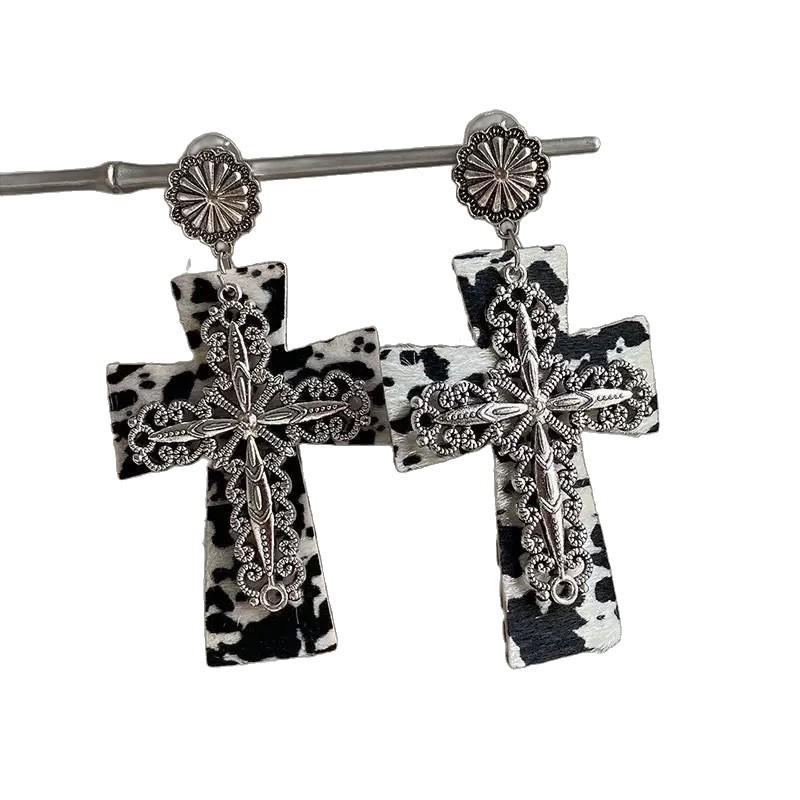 Gothic fashion dark red leopard print cross earrings sweet cool babes locomotive style hip hop light luxury temperament earrings