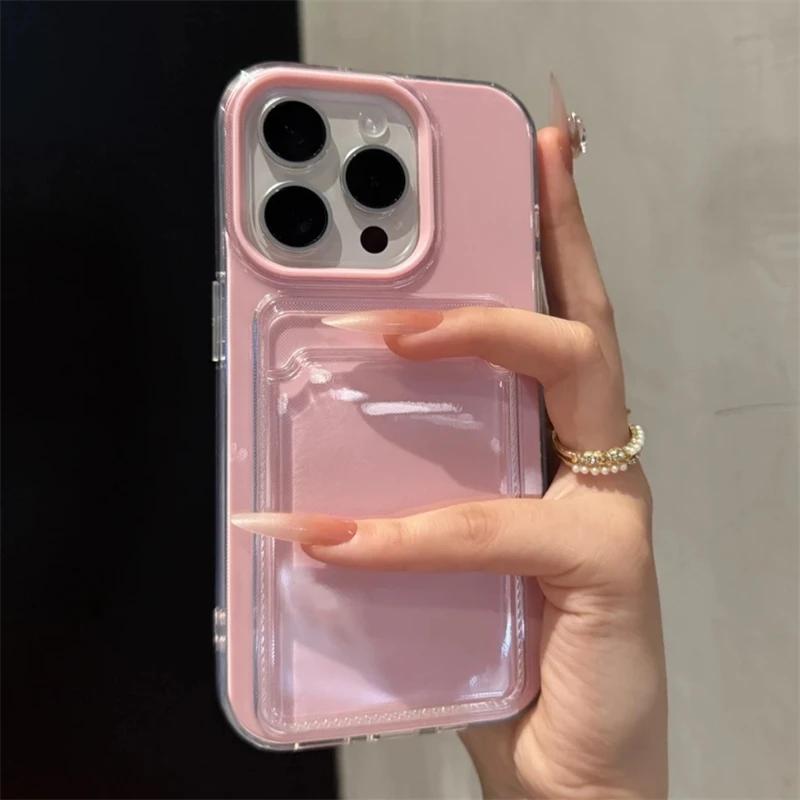 

2 в 1 Слот для карт Кошелек Карман для фото Прозрачный Чехол конфетного цвета для iPhone 17Air 16 15 14 13 12 11 16Pro Max TPU+PC Ударопрочный Чехол For iPhone 16 розовый