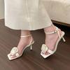 Creamy Rose Women's Sandals 2026 Summer New Style One-Row Square Head Fine Heel High Shoes Microfiber Face Rubber Sole