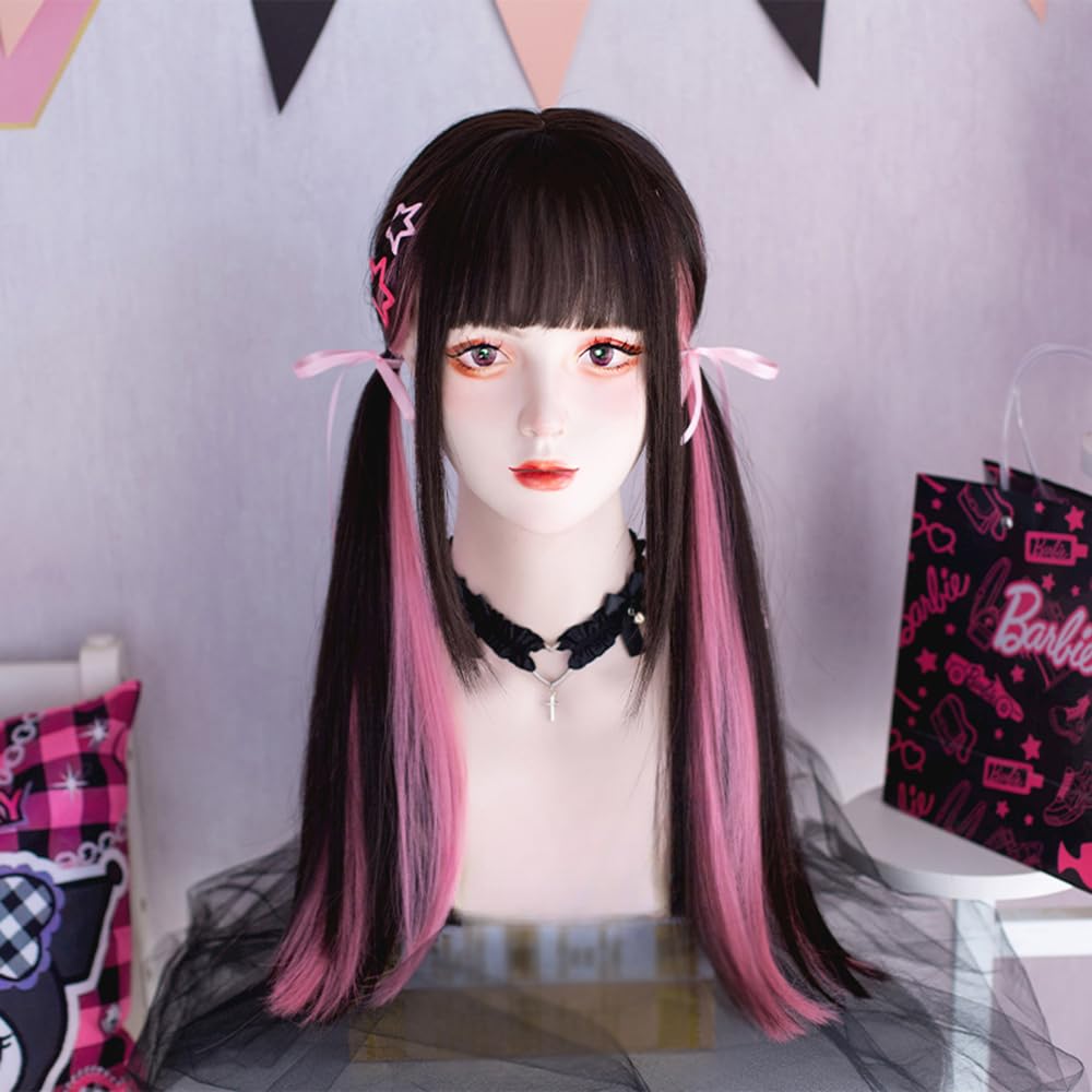 Full Perfect for Everyday Smaller Harajuku Princess with Wig and Events Long, Straight, Black, Pink, Dyed, Wig, Use, Women, Face, Natural, Cosplay,