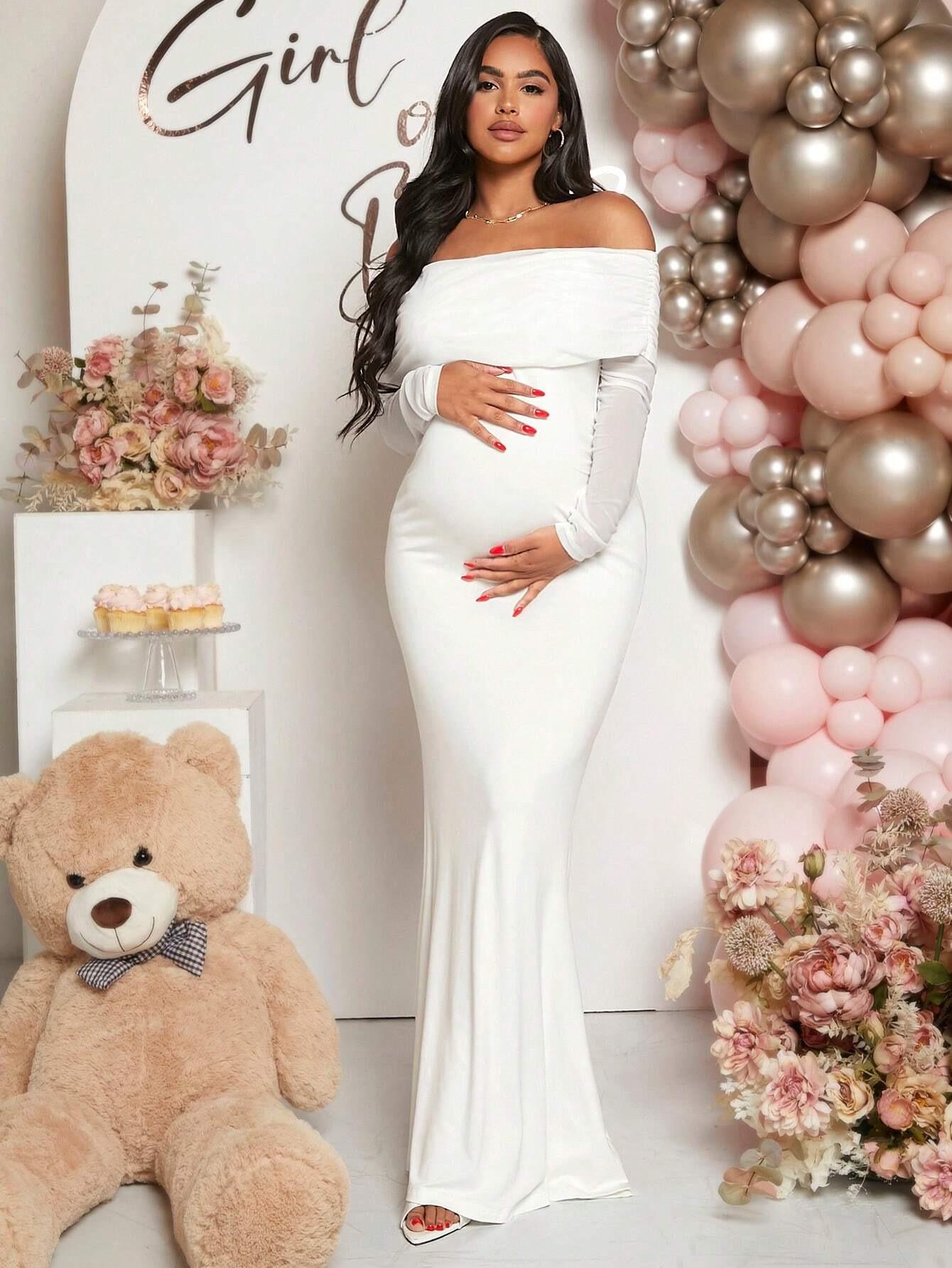 

Off-the-Shoulder Long Sleeve Maternity Mermaid Dress for Pregnant Women S білий