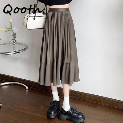 Gonna Plissettata da Donna Autunno Tinta Unita Elegante Vita Elastica Lunga A-line Per Inverno QT2253