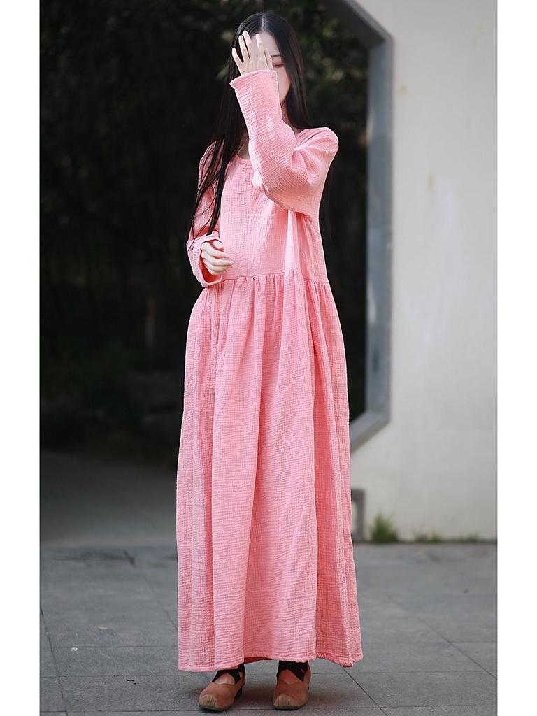 Women's Double-Layer Cotton and Linen Retro Long Dress - Cool, Gentle Style, Available In 4 Colors