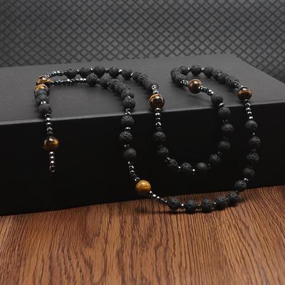 Schwarzes Vulkangestein Tigerauge Gallenstein Kreuz Halskette - Religiöser Rosenkranz für Männer