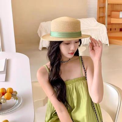French Light Luxury Flat Top UV Sunscreen Straw Hat Women's Summer Seaside Vacation Sun Hat Internet Celebrity Small Fresh Wide Brim Top Hat