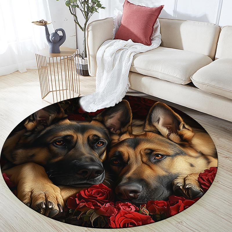 

Roses and German Shepherd pattern round rug,Carpet Rug for Living Room Bedroom Playroom ,Non-slip Floor Mat,Holiday Gifts and Birthday Gifts. 80cmx80cm