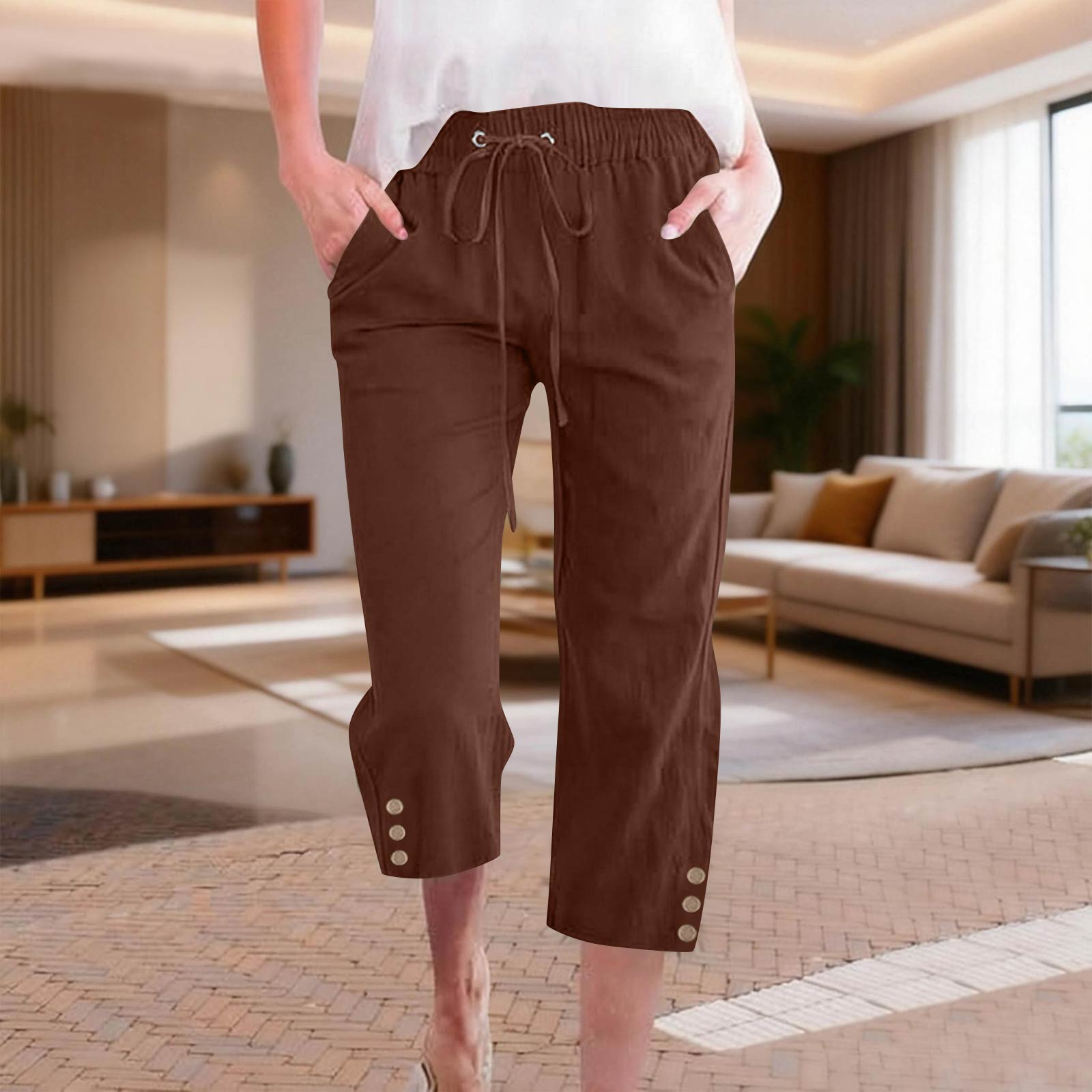 

Women s Casual And Fashionable Color Loose Pants With Pocketes S кофейный