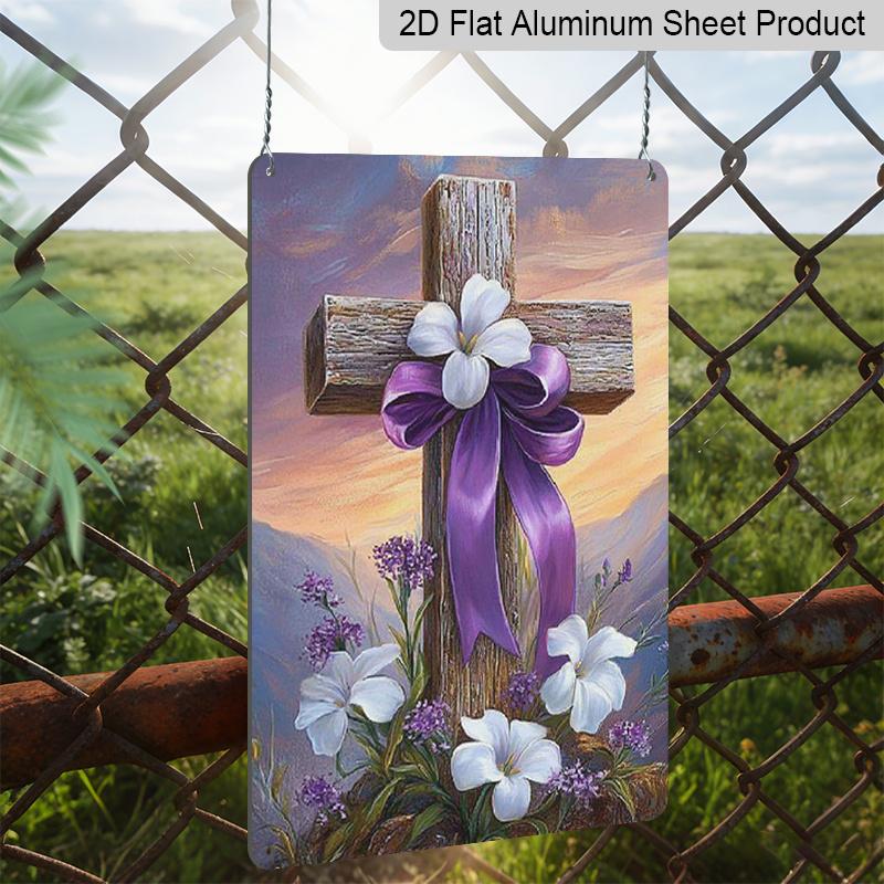 2D Flat, 1pc Beautiful Cross with Lilies Aluminum Sign 7.87*11.8 Inchs Decorative Sign &, Plaque for Spring All Seasons, Festival Decorations for