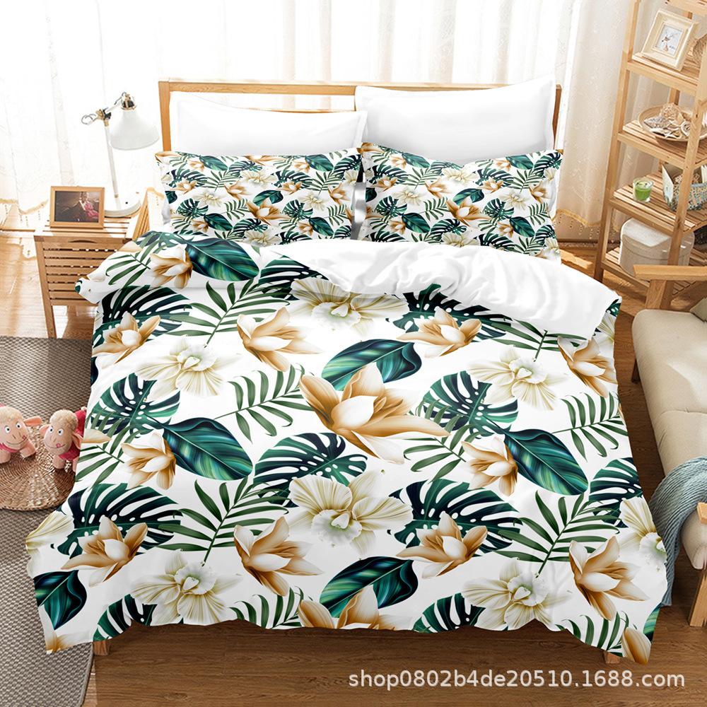 Home Textile Leaf Three-Piece Set, Digital Printing Bed Sheet Quilt Cover Bedding