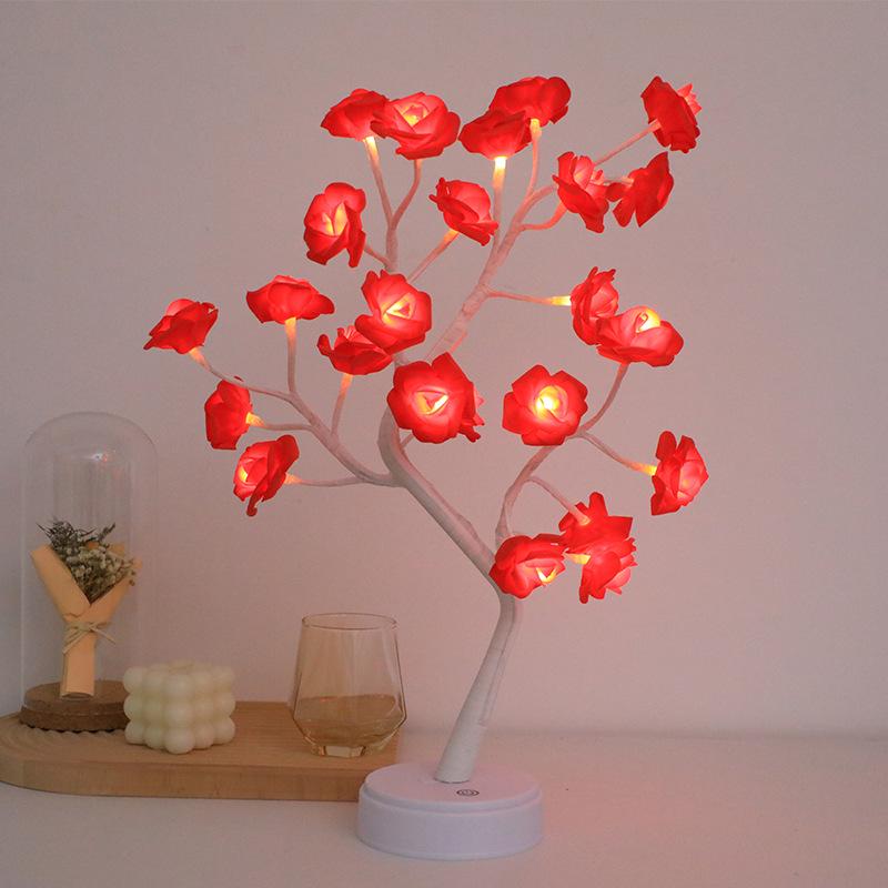 Romantic LED Rose Flower Night Light - USB & Battery Powered Colorful Decorative Tree Branch Desk Lamp.