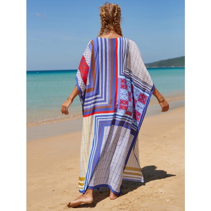 Damenmode Sommer Frühling Farbblockdruck Kurzarm V-Ausschnitt Lockere Taille Freizeitkleider