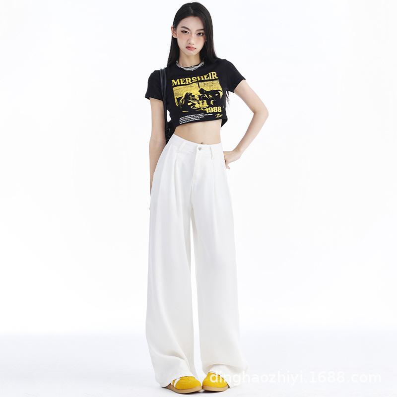 White Tennis Wide-leg Jeans for Women In Summer Thin High Waist Drape Slim Pear-shaped Body Straight Ice Silk Pants