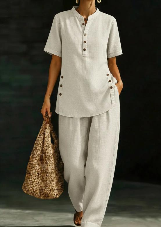 2026 New European and American Comfortable Casual Button-up Shirt and Wide-leg Pants Linen Two-piece Set
