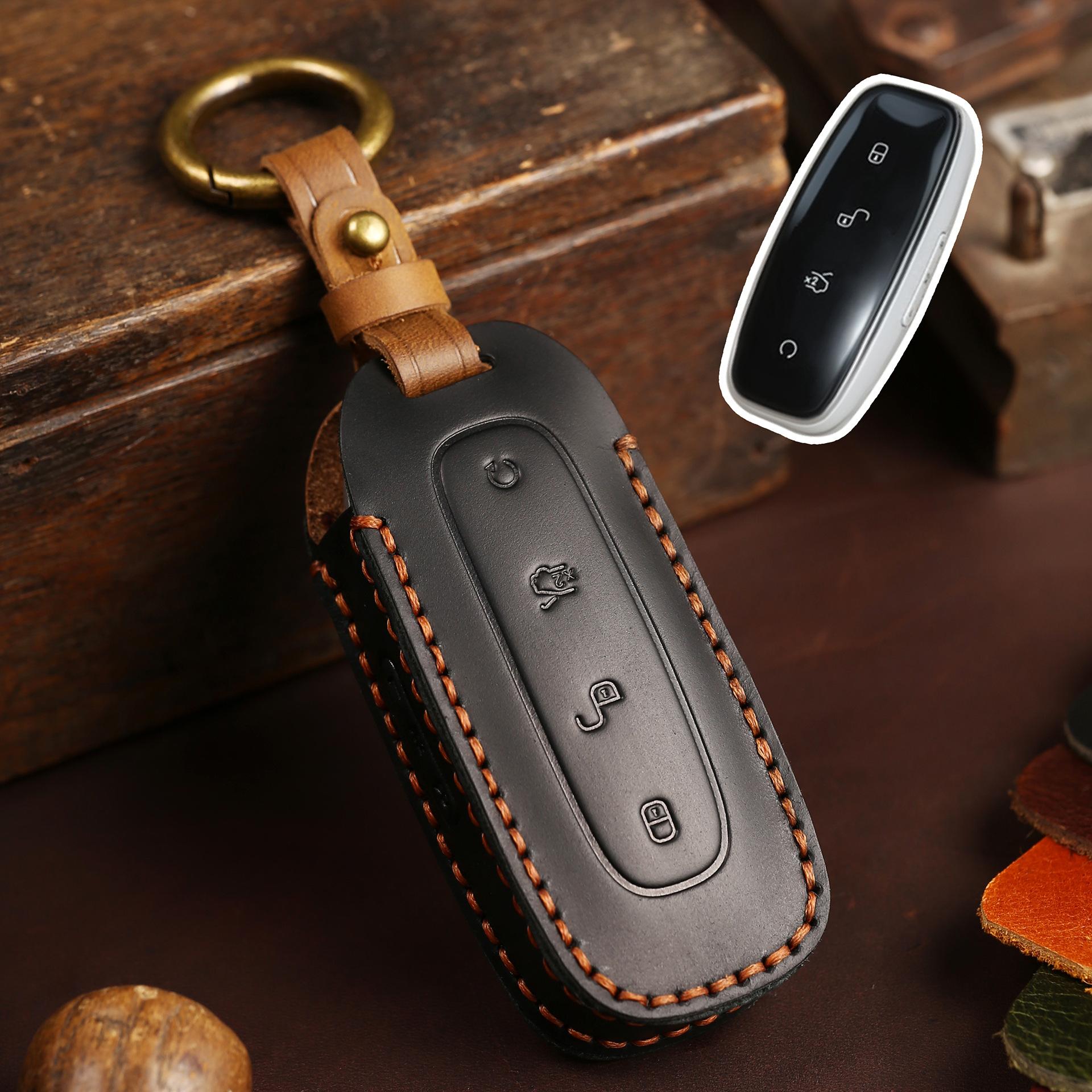 

Full Grain Leather DENZA D9 Key Fob Cover for 2022-2025 Hybrid Models - Handmade Full Wrapped Protector Luxury MPV Car Key Case чорний
