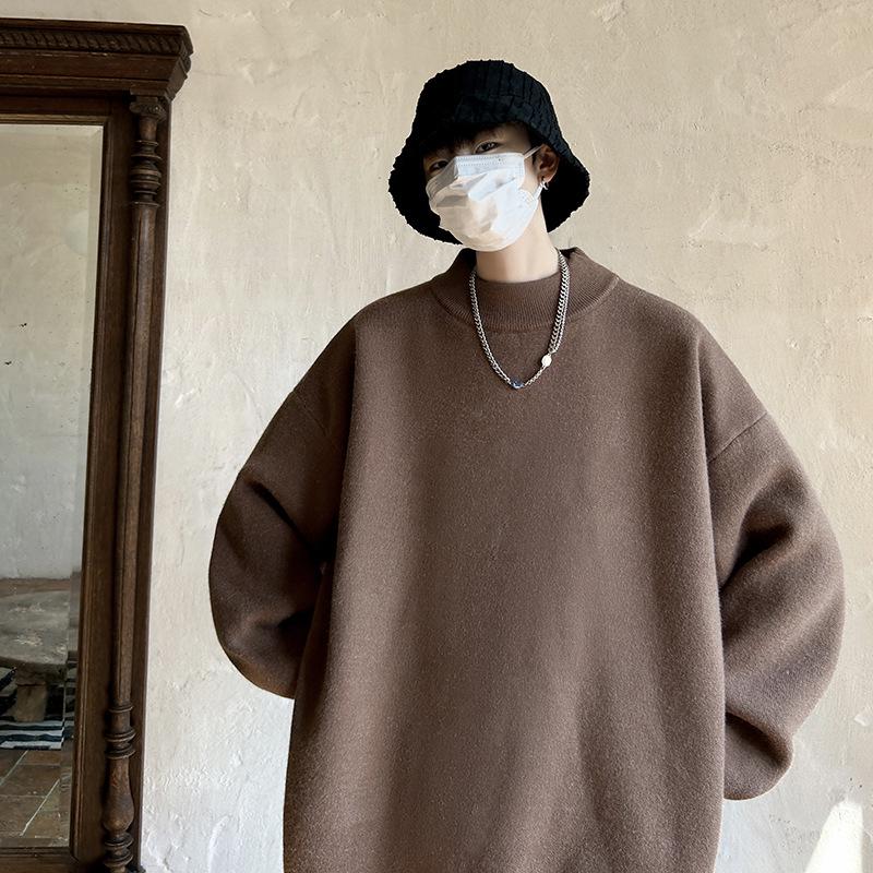 Men's Trendy Loose Round Neck Sweater - Spring/Autumn Solid Color Knitwear, Hong Kong Style Casual Outerwear