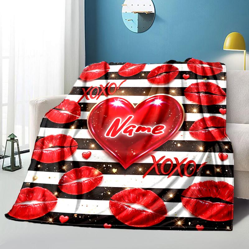 1PC Custom Name Love Kisses Heart Theme outdooor Flannel blankets Throw Blanket All-Season Throw Gift Bedspread for Couch, Bed, Camping Holiday Birthd