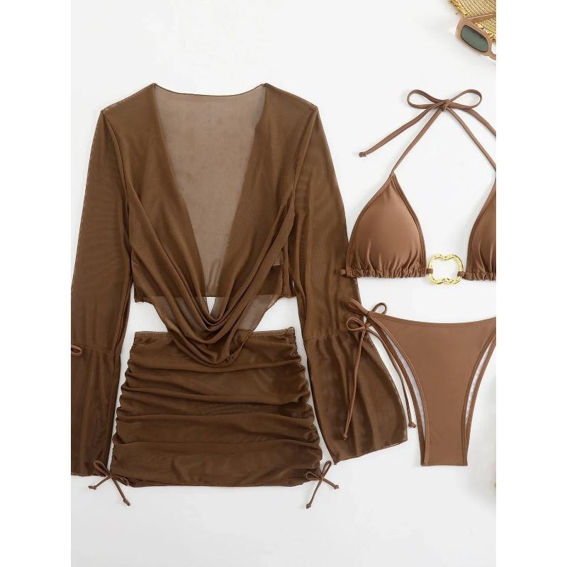 

Сексуальные белые черные наборы бикини из 4 предметов женские с длинным рукавом сетчатая накидка юбка купальник пляжный купальный костюм праздничная купальная одежда бикини L кофейный