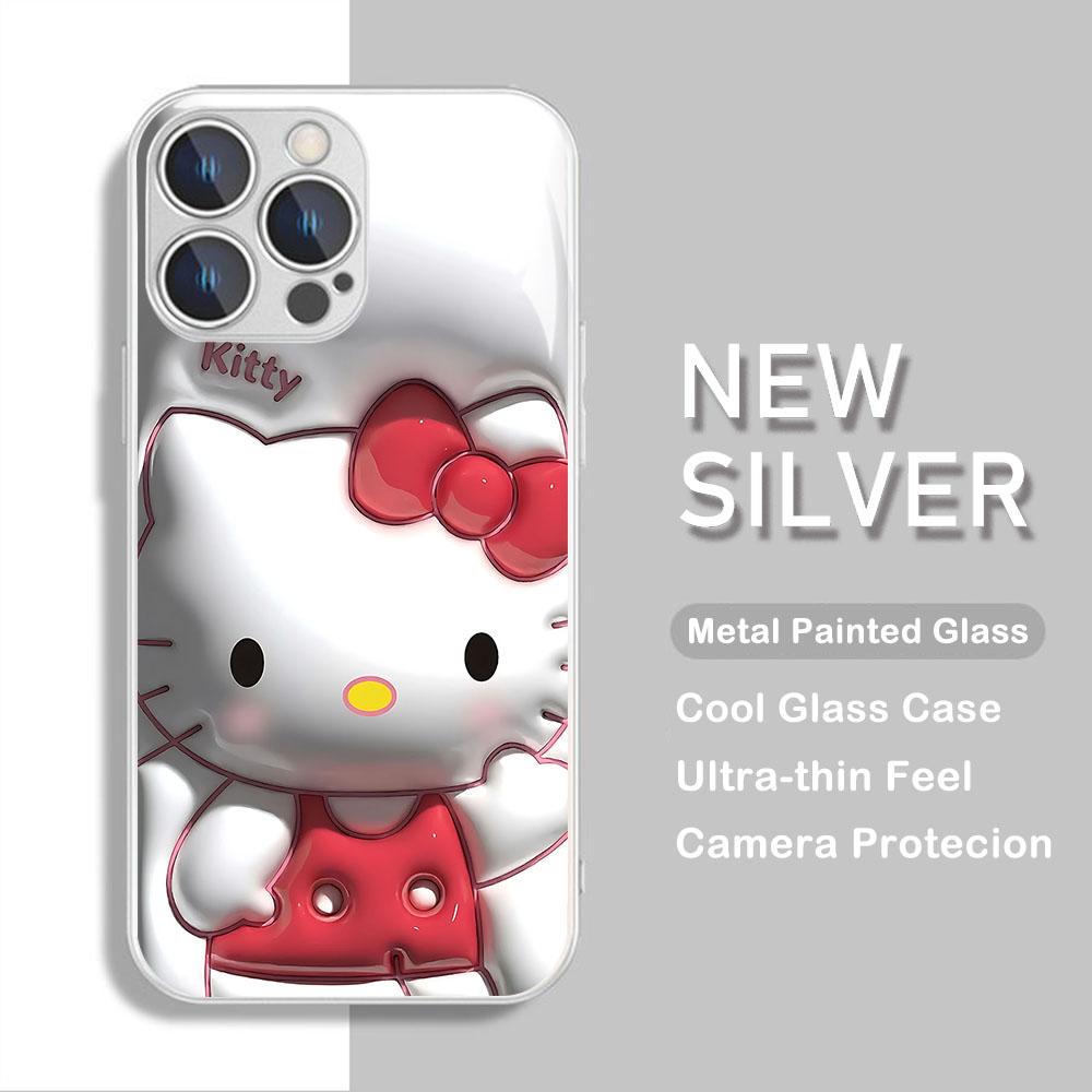 

Sanrio Hello Kitty Metallic-Color Phone Case For IPhone X XR XS 16 15 14 13 12 Mini 11 Pro Max 7 8 SE 20 Plus Glass Hard Cover IPHONEXSMAX