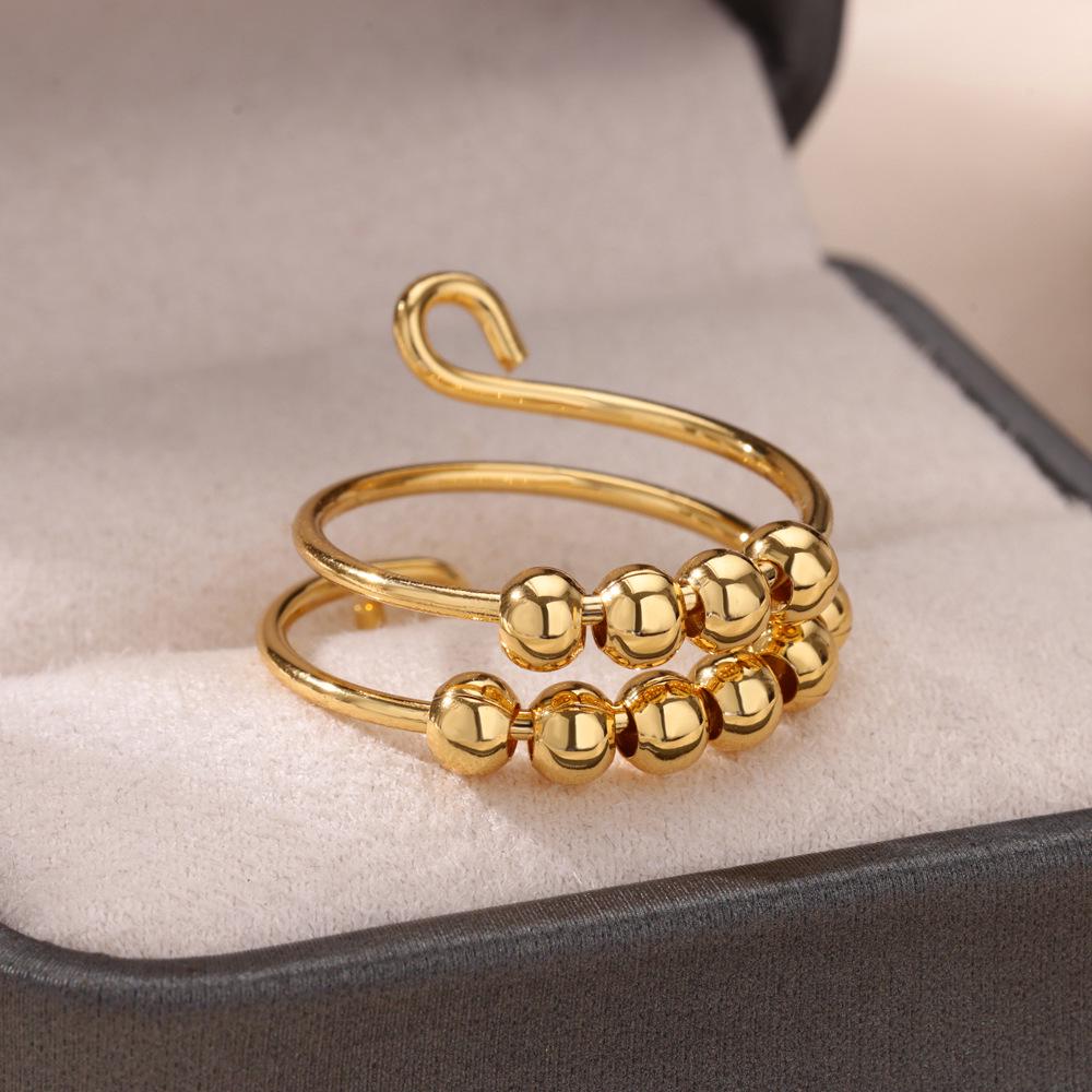 18K Gold Stainless Steel Adjustable Round Ball Ring - Light Luxury Fashion Jewelry for Women