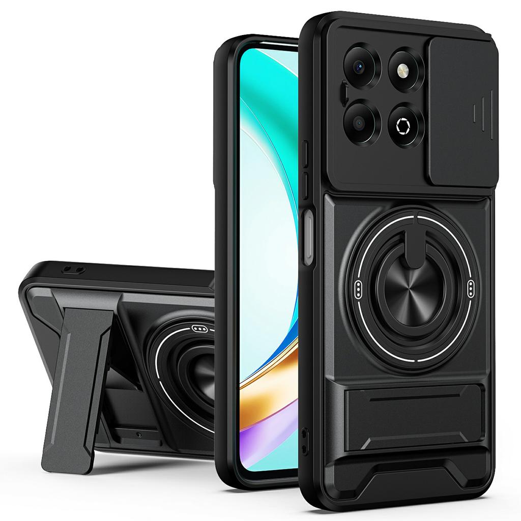 For Honor X6b 4G Magnetic Case Ring Holder Foldable Kickstand TPU PC Phone Cover with Camera Lens Slider