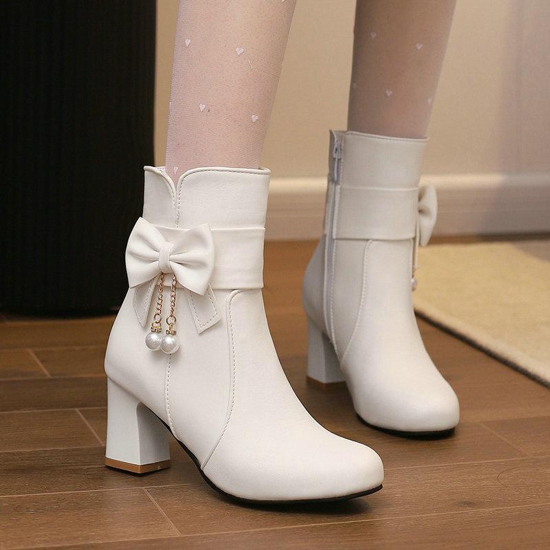 Short Boots Autumn and Winter New Sweet High Heels Thick Heel Martin Boots Women's Short Boots Women's Boots Medium Heel Short Boots Women's Shoes