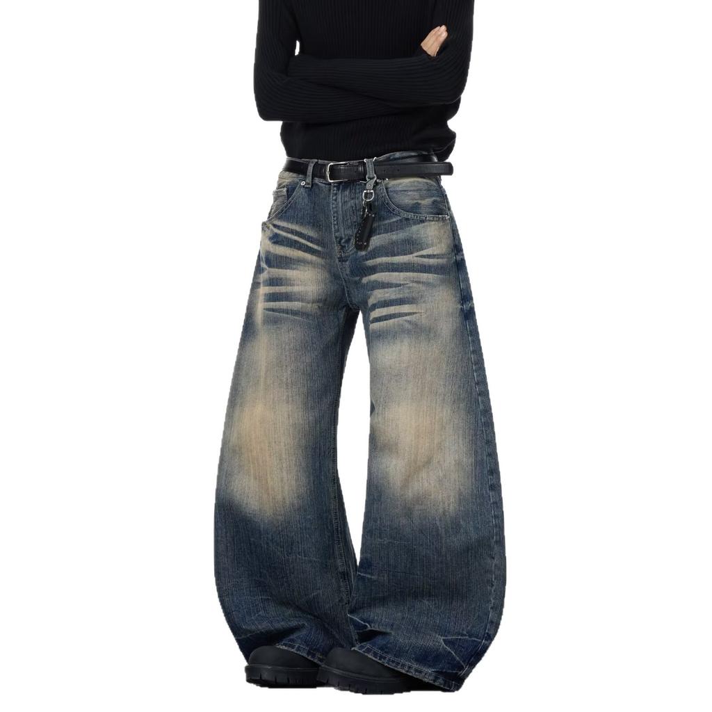 American Vintage Washed Distressed Catwhisker Bamboo Pattern Jeans for Men, Loose Wide-leg Curved Knife Pants In Stock
