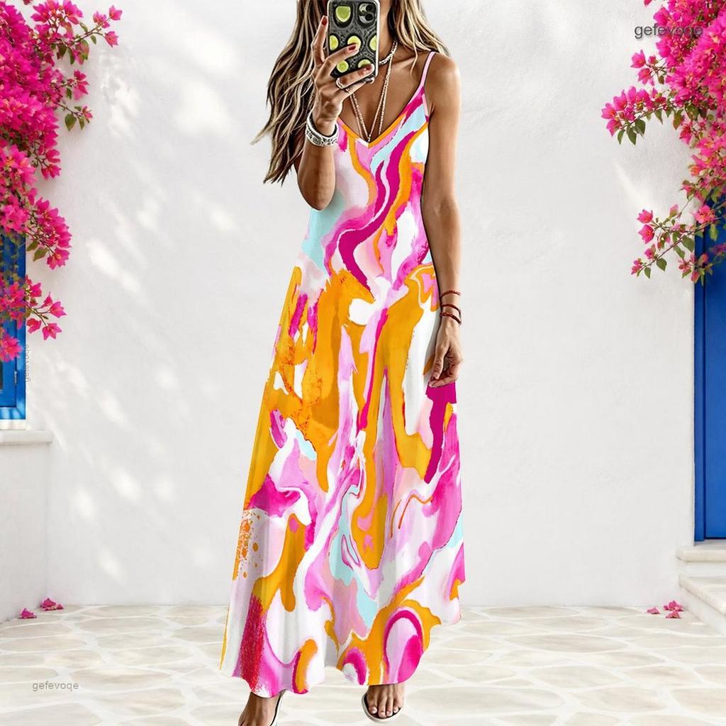 Women Plus Size Off Shoulder V Neck Strappy Sleeveless Printed A Line Maxi Dress