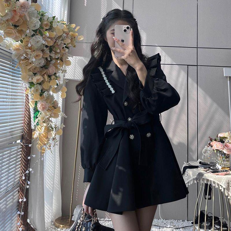 2023 Spring Black Ruffled Princess Windbreaker with Suit Collar