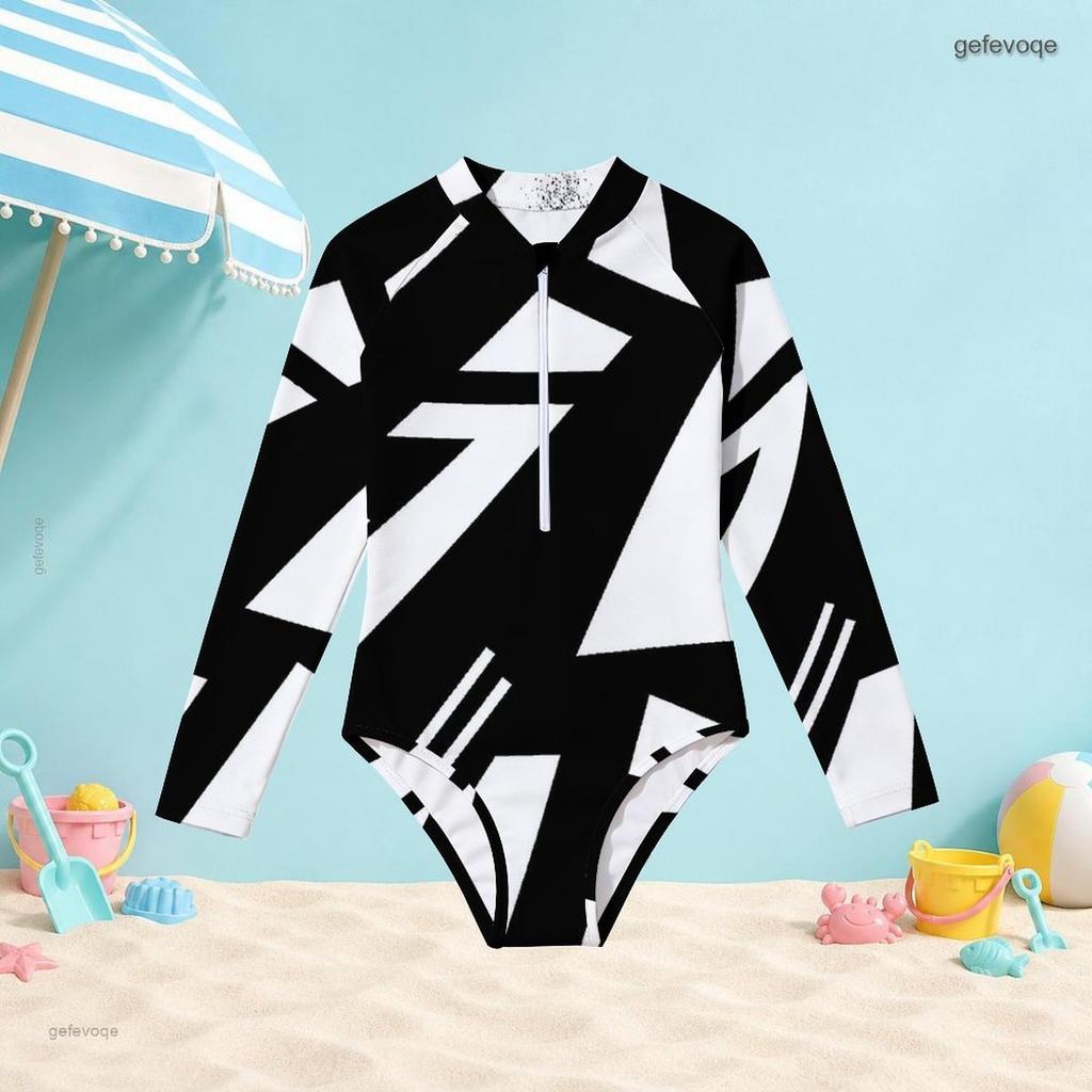 Girls High Neck Long Sleeve Front Zip One Piece Swimsuit Black White Geometric Printed