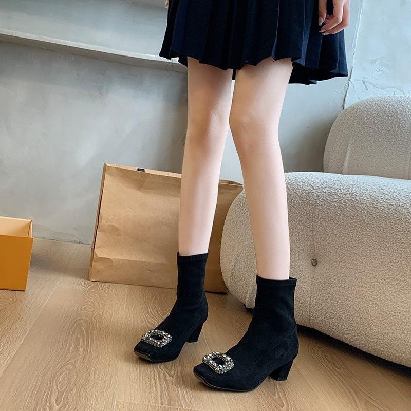 Black square head short boots women's winter new square buckle rhinestone elastic socks boots low heel thick heel suede