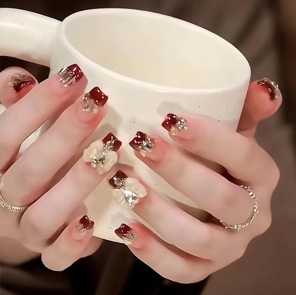 10pcs/set Purely Handmade Wear Nails French Light Therapy Manicure Wine Red Ribbon Hand-painted Butterfly False Nails