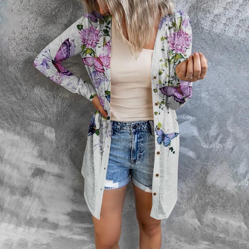 

European American Large Size Women s Clothing Floral Print Splicing Medium Long Cardigan Blouse Outer Three-dimensional Pattern S