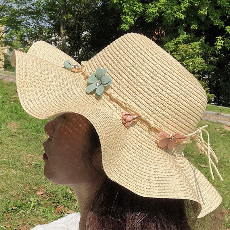 Chapeau Femme Été Édition Coréenne Tendance Protection Solaire Chapeau de Plage Chapeau Pare-Soleil de Voyage Polyvalent Résistant aux UV Chapeau en Herbe