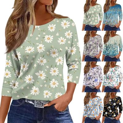 T-shirt Feminina Casual da Moda com Gola Redonda, Estampa Floral e Mangas Três Quartos
