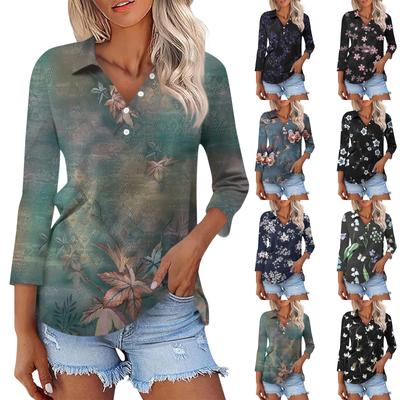 Women's Fashion Casual Button 3/4 Sleeve Floral Print Lapel  Shirt Top