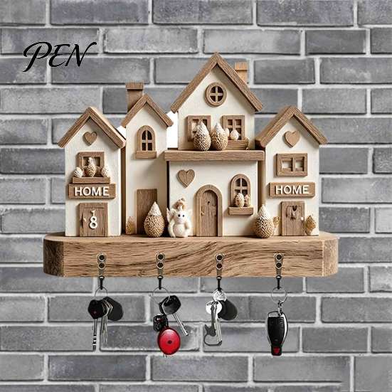 Functional Wall Hanging Key Holder Wooden Rack, Vintage Camping RV Pattern Rack with 4 Hooks, Theme Organizer 2D Farmhouse Mount for Entryway Hallway