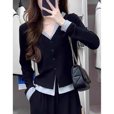 Autumn Winter V-neck Fake Two Pieces Buttons Knitting Coat Women Casual All-match Cardigan Sweater Top